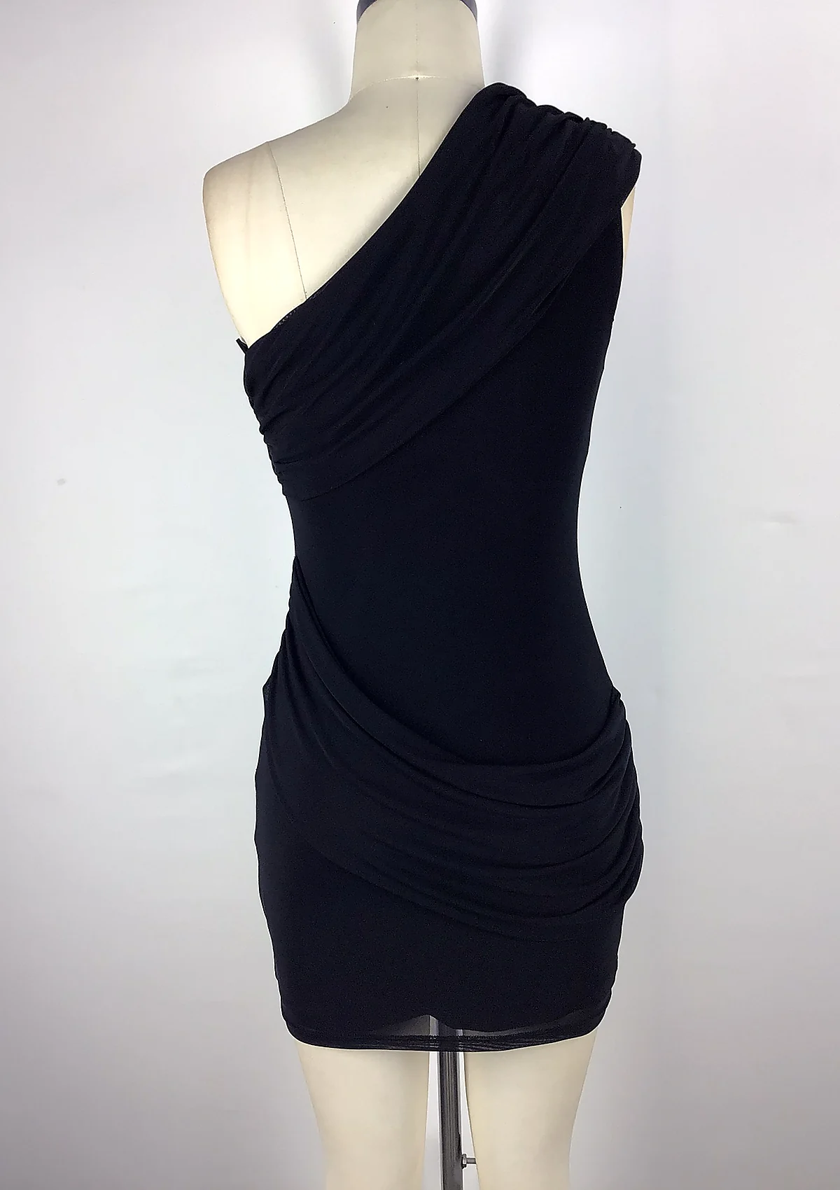 Black One-Shoulder Ruched Mini Dress