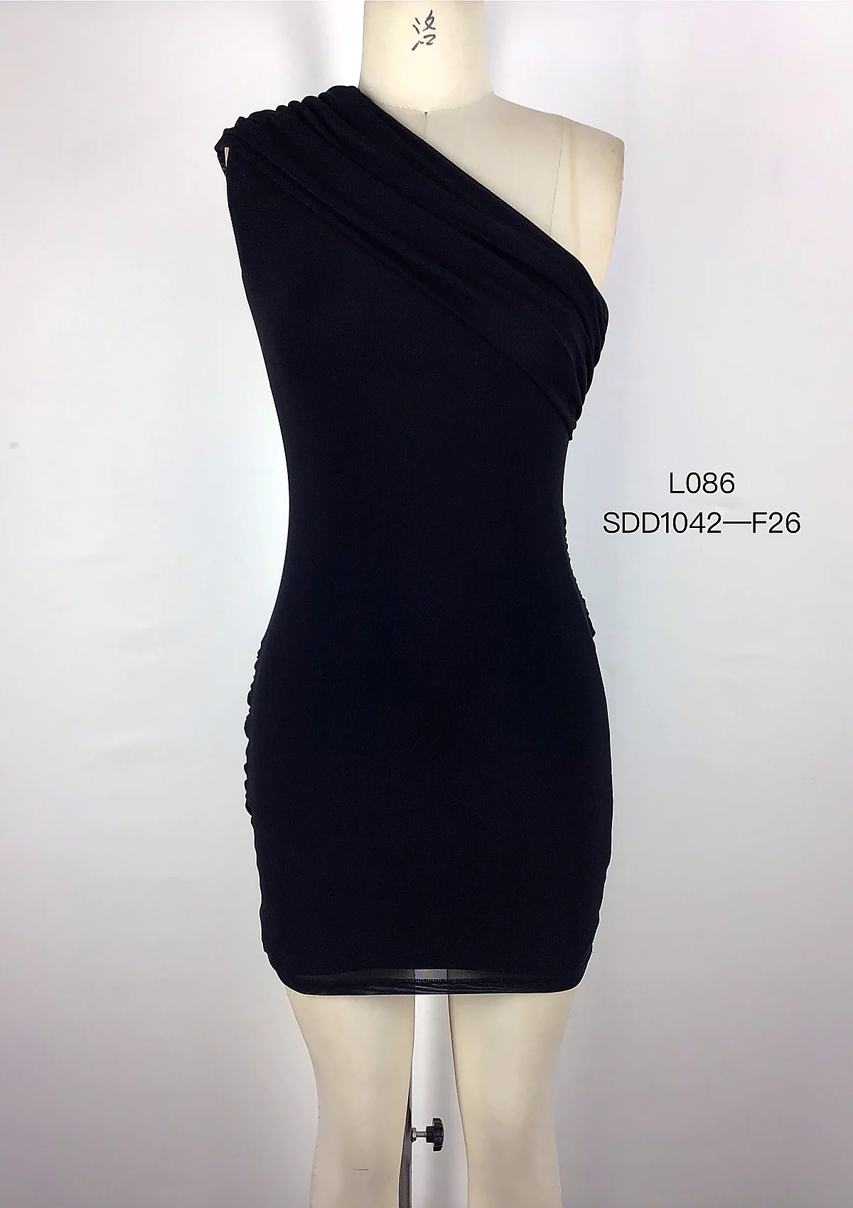 Black One-Shoulder Ruched Mini Dress