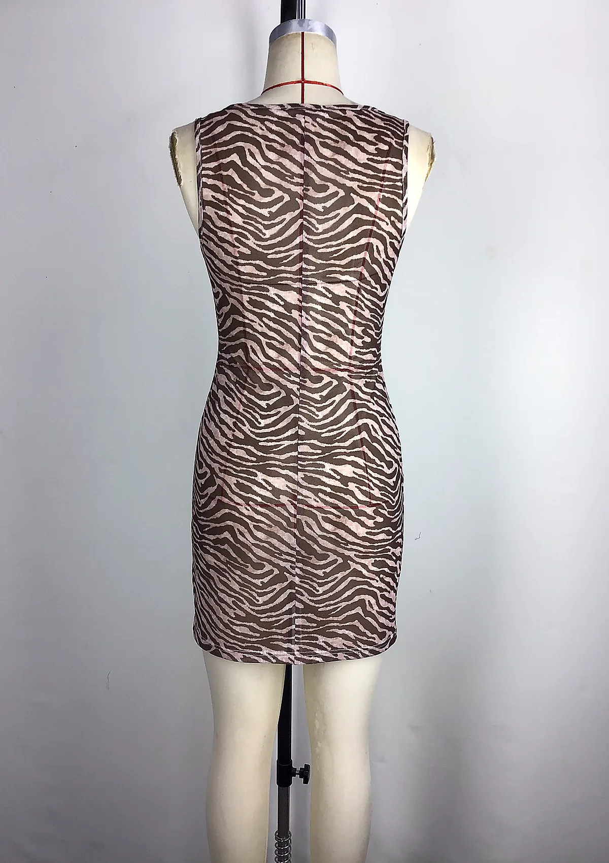 Brown Printed Sleeveless Bodycon Dress