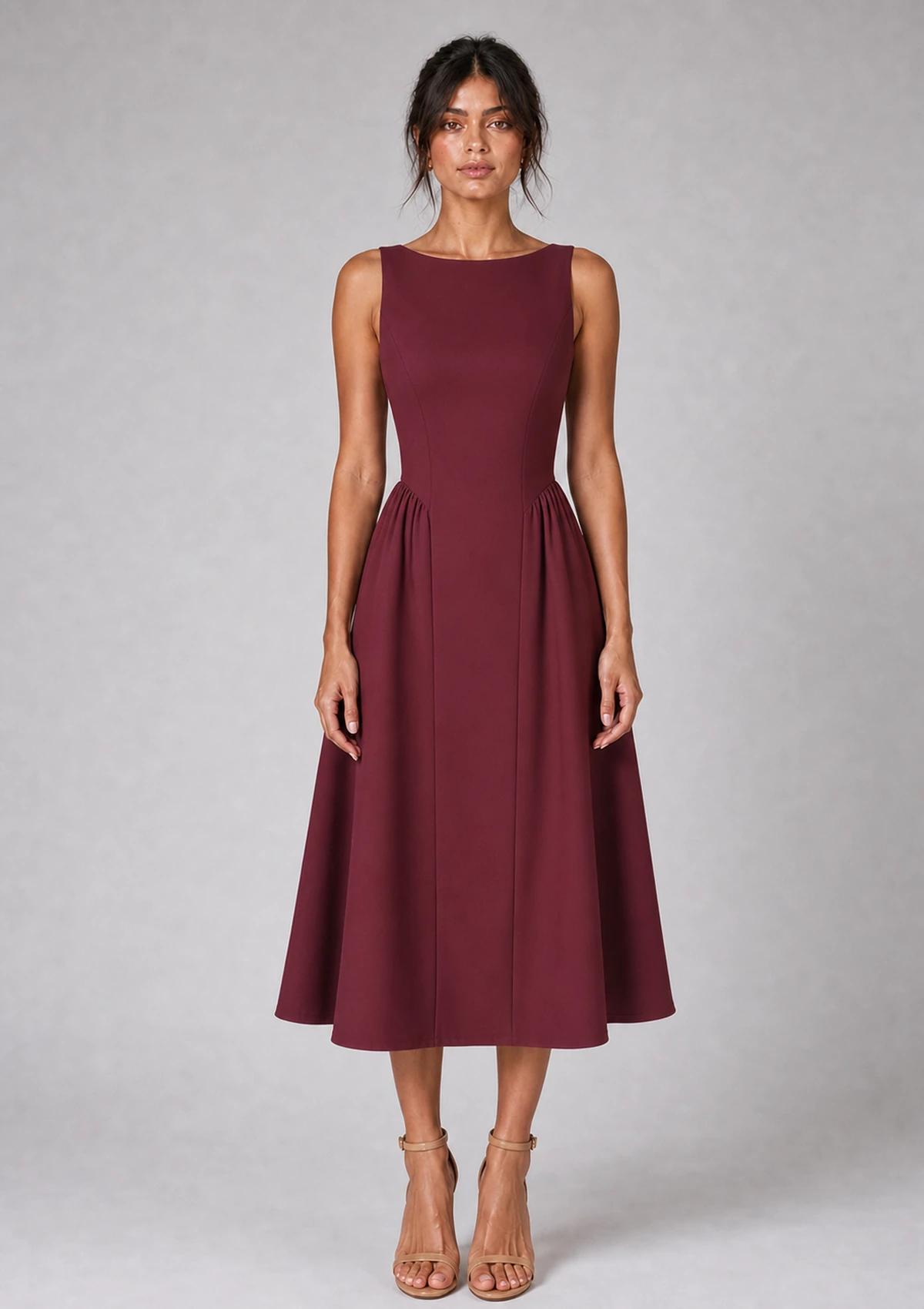 Burgundy Sleeveless A-Line Midi Dress