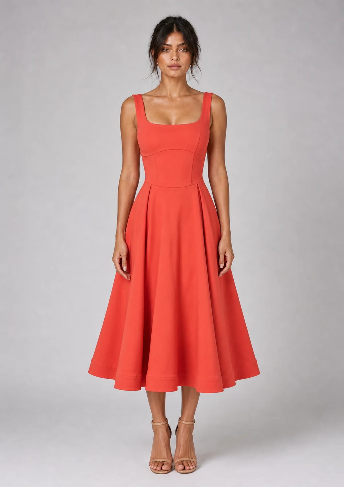 Coral Halter Flared Midi Dress