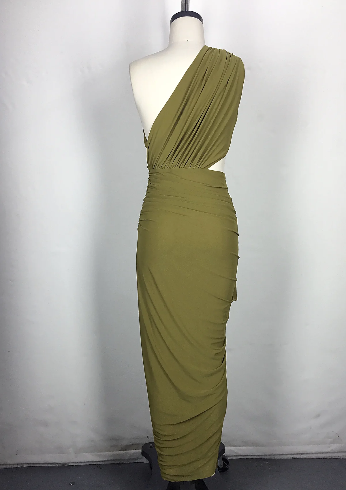 Olive One-Shoulder Draped Cutout Maxi Dress