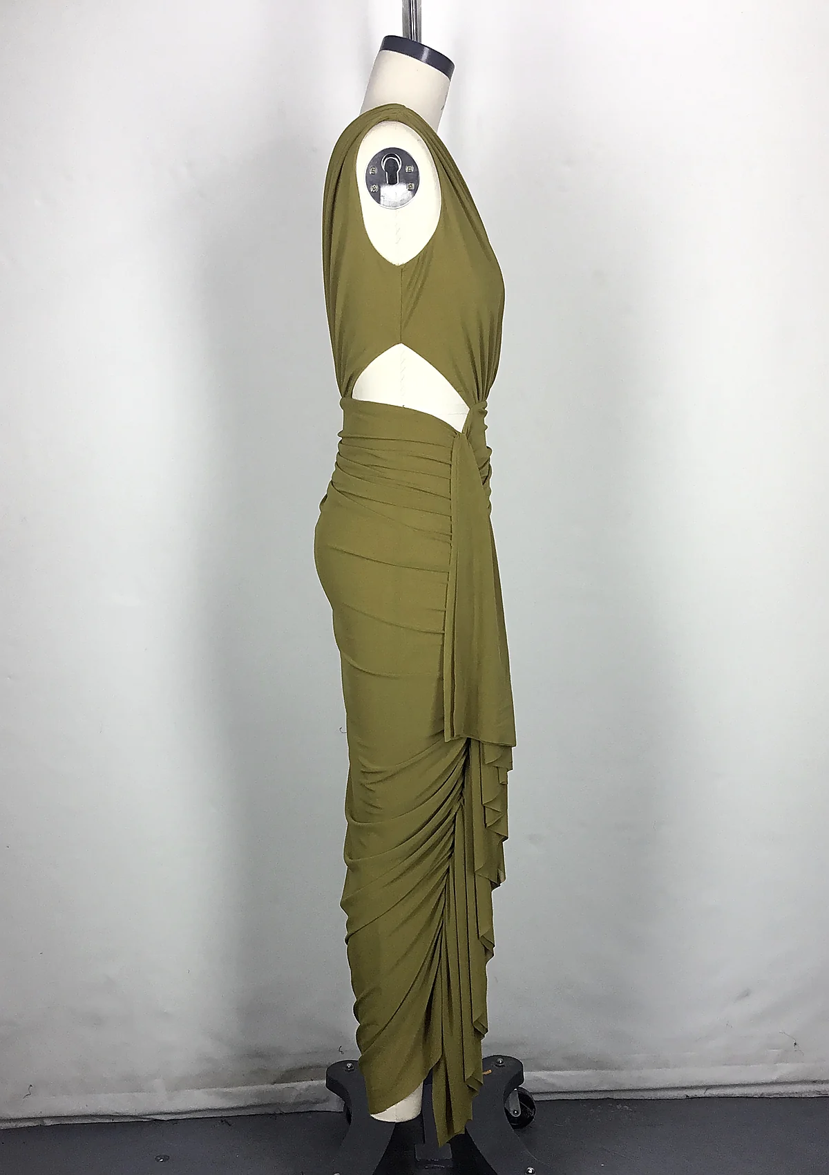 Olive One-Shoulder Draped Cutout Maxi Dress