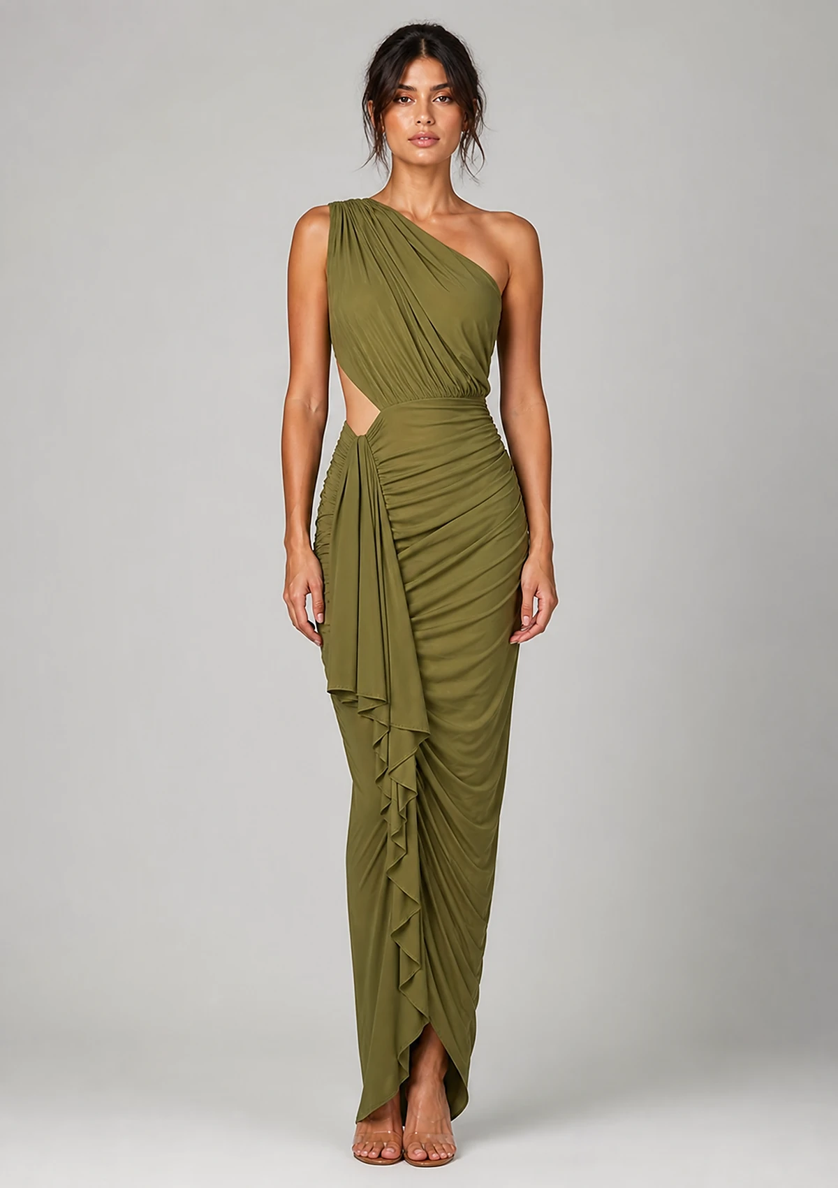 Olive One-Shoulder Draped Cutout Maxi Dress