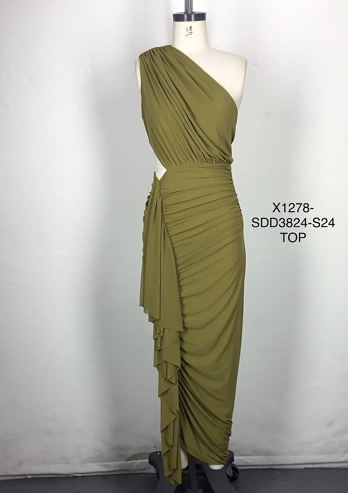 Olive One-Shoulder Draped Cutout Maxi Dress