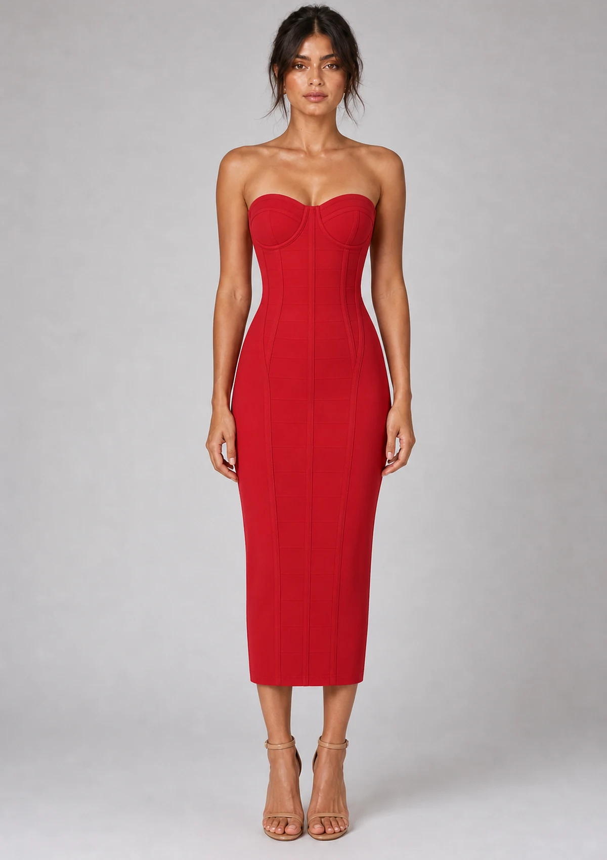 Red Strapless Bandage Midi Dress