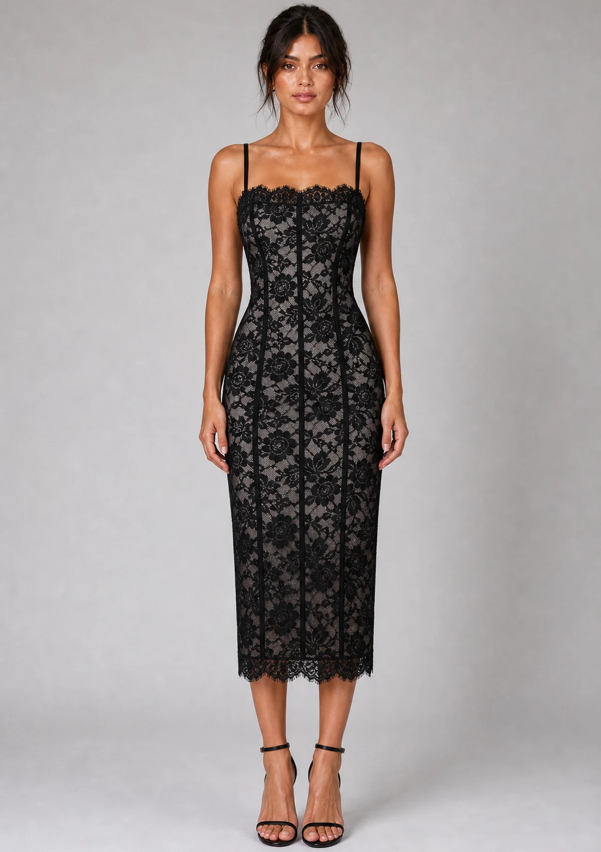Black Lace Strapless Midi Dress