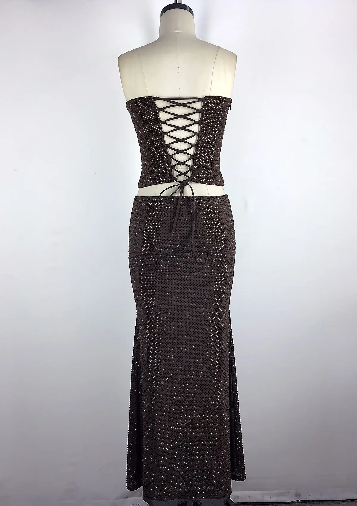 Brown Strapless Lace-Up Skirt Set