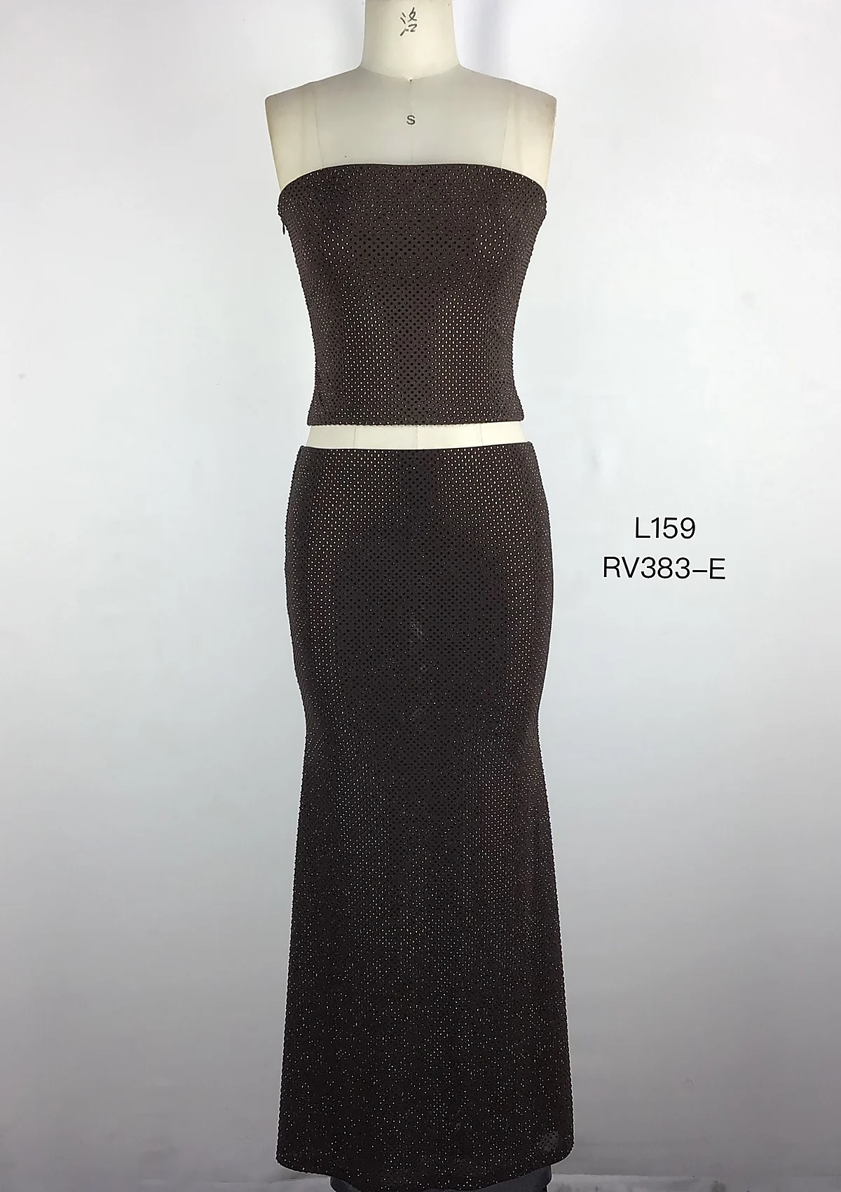 Brown Strapless Lace-Up Skirt Set