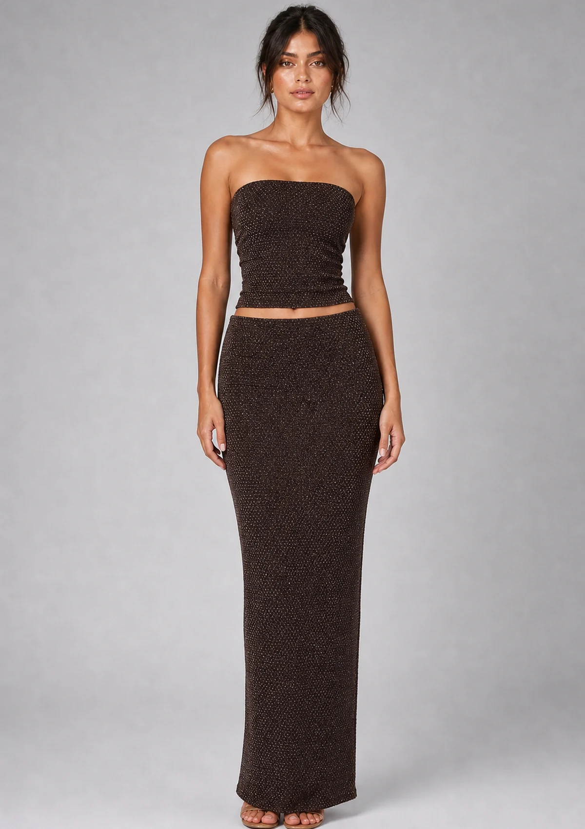 Brown Strapless Lace-Up Skirt Set