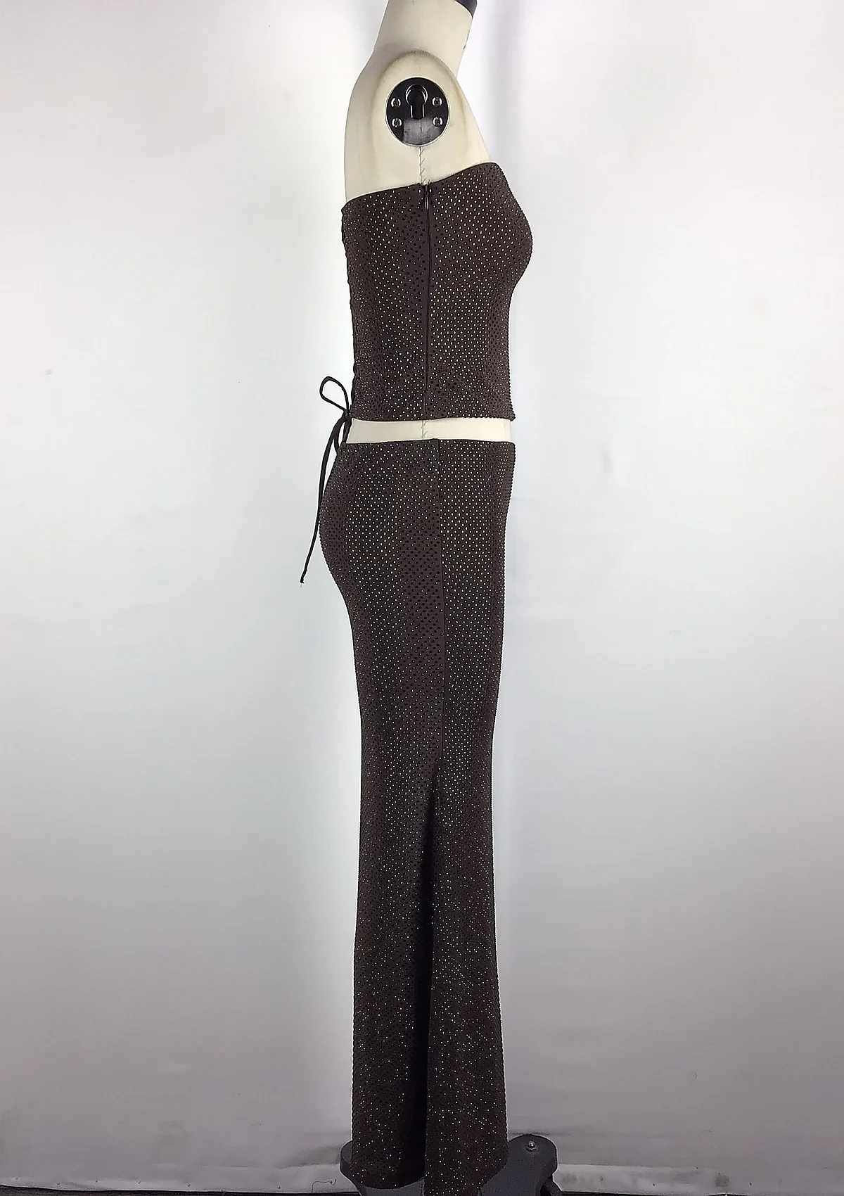 Brown Strapless Lace-Up Skirt Set