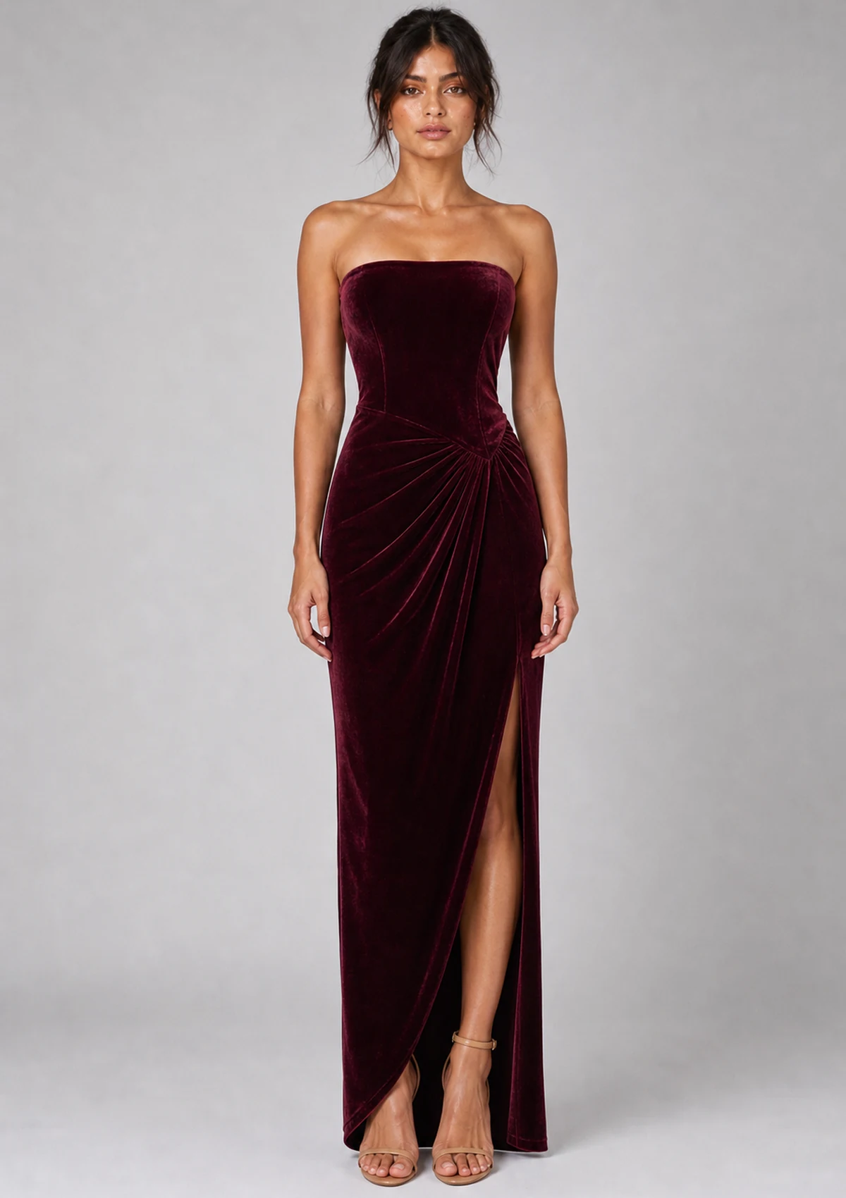 Burgundy Strapless Split Maxi Dress
