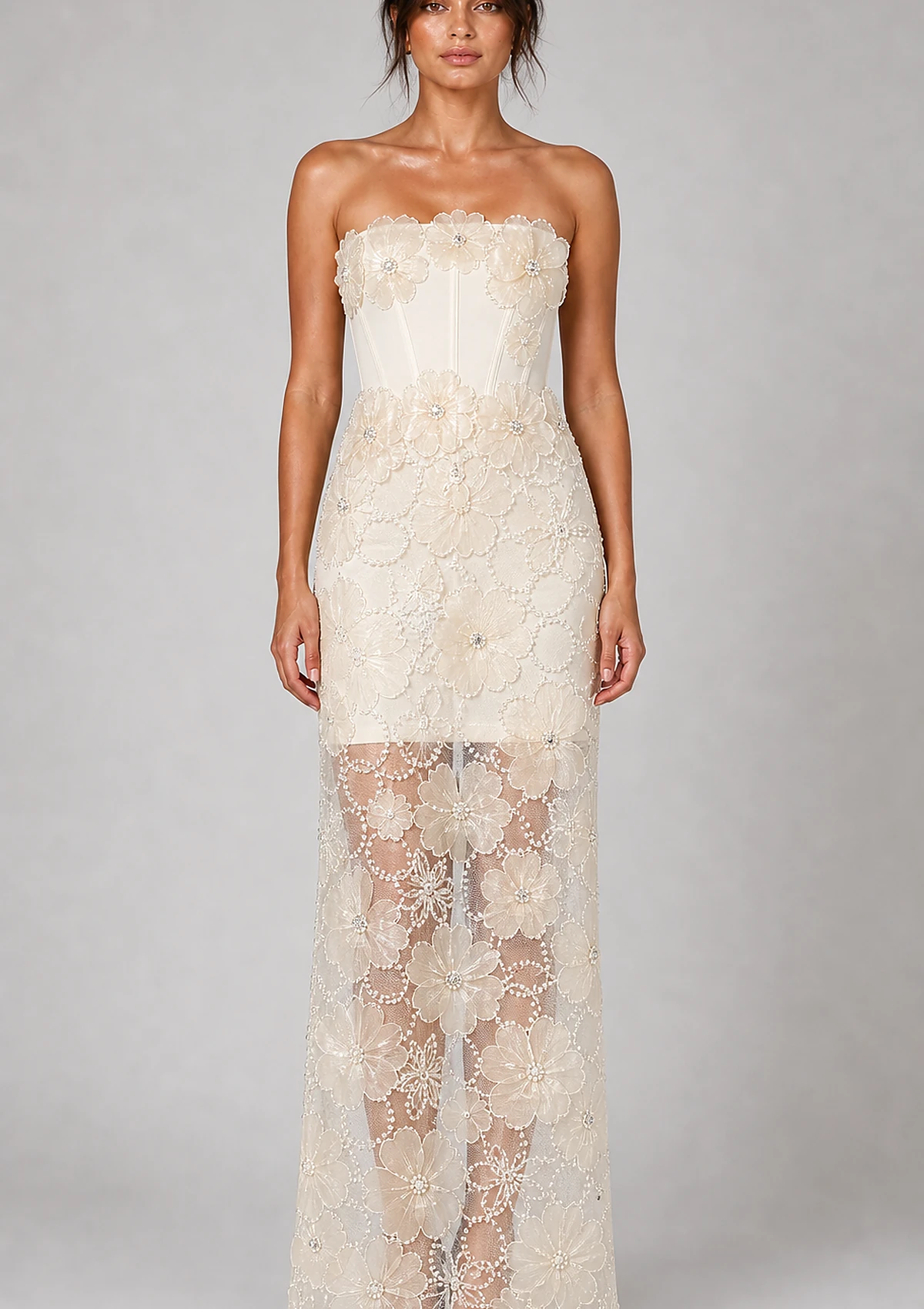 Cream Floral Lace Skirt Set