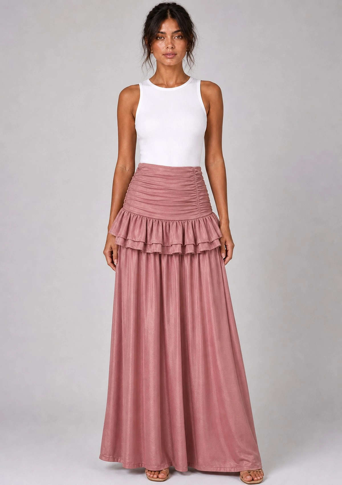 Pink Tiered Ruffle Maxi Skirt